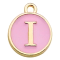 Pink and gold enamel round charm with letter I for DIY jewelry bracelets and crafts - Letter I / 1 Piece (12x14mm) / Pink