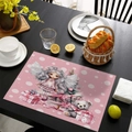 Pink Christmas placemat with angel illustration and teddy bear on dark wooden table - CD57-34