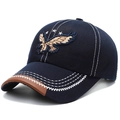 Deep blue baseball cap with eagle embroidery and brown leather trim on wide brim - Adjustable / Eagle Style Navy Blue