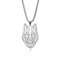 Macro shot of a geometric wolf head pendant on a silver stainless steel chain link - Square Pearl Chain / Silver