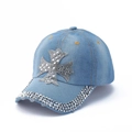 Light blue denim baseball cap with rhinestone floral cross and studded brim detail - M (56-58cm) / Light Blue-Cross