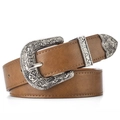 Dettaglio cintura in pelle marrone con fibbia e punta in argento con fiori - 105cm / Khaki Con Fibbia Argentata
