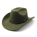 Classic olive green wool felt wide brim fedora hat with brown leather belt and metal buckle - M (56-58cm) / Army Green
