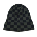 Detail of dark green and black checkered knit beanie with a folded cuff texture - Dark Green and Black Checkerboard
