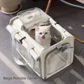 Beige portable pet carrier backpack with breathable mesh for cats on floor - Expandable Beige