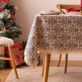 Christmas themed blue and beige cotton linen tablecloth with delicate lace edges on wooden table - Wide Lace Chinese Orchid