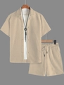 Detail of men's summer set showing apricot waffle texture fabric on shirt and shorts - Khaki