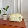 Light yellow heart quilted makeup bag with top handle and decorative logo ribbons - Heart Quilted Style / Yellow
