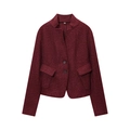Dames korte jas van bordeauxrode boucle wol met opstaande kraag en zwarte knopen - S / Donkerrood
