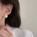 S925 silver large pearl stud earrings with elegant gold metal finish worn by a model - A1173 Gold-Studs (Retro Large Pearl)