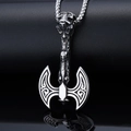 Punk style Viking battle axe pendant necklace with skull motif in silver stainless steel - Silver Axe Pendant (B1123)