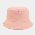 Close-up of pink cotton bucket hat featuring detailed flamingo embroidery and stitched brim - M (56-58cm) / Dusty Pink