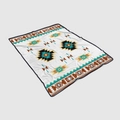 Detail of soft flannel blanket with tribal geometric patterns in teal and brown tones - Southwest Indian Geometric White