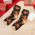 Thick black coral fleece Christmas socks with reindeer pattern and warm plush texture - Black