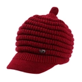 Winter red knitted rabbit fur hat with short brim and decorative pom-pom detail - One Size / Long Hair Rabbit Fur Piano Hat Wine Red