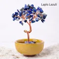 Lapis lazuli money tree with blue crystal leaves and yellow ceramic bowl base - Lapis Lazuli (Agate Rolling Stone Yellow Bowl) 6 Heads