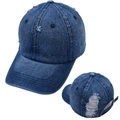 Detail of distressed blue denim baseball cap with heavy ripped back and adjustable strap - Single Cross Ponytail Hole / Dark Blue - Back Ripped