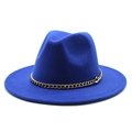 Detail of royal blue wool fedora hat featuring a stylish gold link chain band decoration - M (56-58cm) / Sapphire Blue