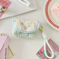 Detail of blue and yellow checkered quilted CCD camera pouch with pink heart embroidery - Star Rabbit
