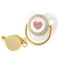 Pink heart rhinestone baby pacifier and gold clip set with crown detail and white base - Gold White Heart