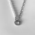 Collier chaîne trombone en acier inoxydable avec perles de riz et anneau pavé argent - Chaîne Cousue Fermoir Cercle Strass Argent (XNL0007-1)