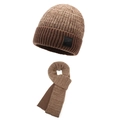 Men's winter knitted beanie and scarf set in coffee brown melange with fleece lining - One Size / Coffee