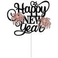 Black glitter Happy New Year cake topper with pink fireworks and a white stick - Large Cake Topper - Rose Gold