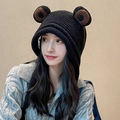 Women's knit frog ear hat in black with cartoon animal ears and warm fleece lining - Black