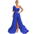 Elegant royal blue one-shoulder evening gown with a large bow and high split - Sapphire Blue