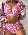 Pink and white leopard print ribbed bikini set with matching long sleeve robe wrap - S / White Base Pink Bow