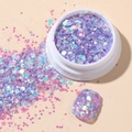 Iridescent purple nail glitter flakes in a round jar with a sample nail swatch - Korean Large Sequins #15 Luminous