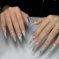 Unghie finte stiletto con fiamme argento, ragnatele e strass 3D per Halloween e cosplay - Tipo di Colla a Ragno di Halloween (CJCY-595)