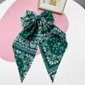 Vintage green paisley bow hair clip with elegant long ribbons and spring buckle - Green Cashew Print Ribbon
