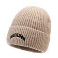 Beige knit beanie with black paragon embroidery and ribbed fold-over cuff design - Medium Beige
