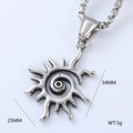 Detail of silver stainless steel cross pendant with sun spiral texture and 34mm dimensions - Sun Spiral Pattern (Style 8)