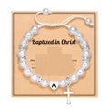 Pulsera de perlas blancas hecha a mano con cruz de plata y colgante corazón letra A - Perla Blanca Cruz + Letra (Sin Tarjeta)