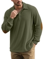 Olive green corduroy knit long sleeve polo shirt for men with brown suede elbow patches - Army Green / S
