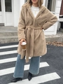 Elegant beige faux fur hooded coat with waist belt for women, city street style winter fashion - S / Khaki