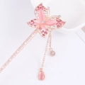 Detail of golden butterfly hair pin with pink gemstones and elegant tassel pendants - Gold Pink Gem Butterfly Tassel (FZ004)