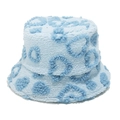 Detail of light blue faux shearling bucket hat with navy blue heart pattern - Blue / M (56-58cm)