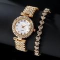 Luxury gold quartz watch and heart bracelet set with crystal rhinestones on black background - Watch & Bracelet Set / Rose Gold