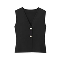 Dettaglio del gilet in maglia nera con scollo a V e due bottoni dorati lucidi - Taglia M / Nero