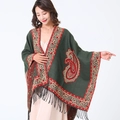 Dark green cashmere-feel shawl with red paisley patterns and tassel edges for women - Green/Border Paisley