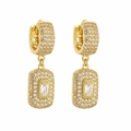 Detailed close-up of 18K gold plated rectangular earrings with white zircon paving - Gold White CZ Wide