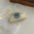 Beige acetate half-moon hair claw clip with blue spotted dog print and gloss finish - Dark Blue Print Dog Claw