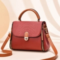 Mini red and brown patchwork square handbag with snakeskin texture flap and gold hardware - Red