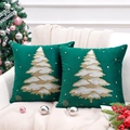 Set of two dark green velvet Christmas tree throw pillow covers with gold embroidery - Green Christmas Tree/Dark Green