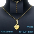 Golden MOM heart pendant necklace in titanium steel on black display with size details - Gold Necklace (KN201651-Z)