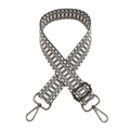 Detailed view of woven geometric wide bag strap with adjustable grey metal lobster clasps - Rice White Gray Geometric Pattern (Gunmetal Hardware)