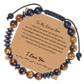 Detail of tiger eye bead bracelet with Morse code card for son in gift packaging - To My Bonus Son